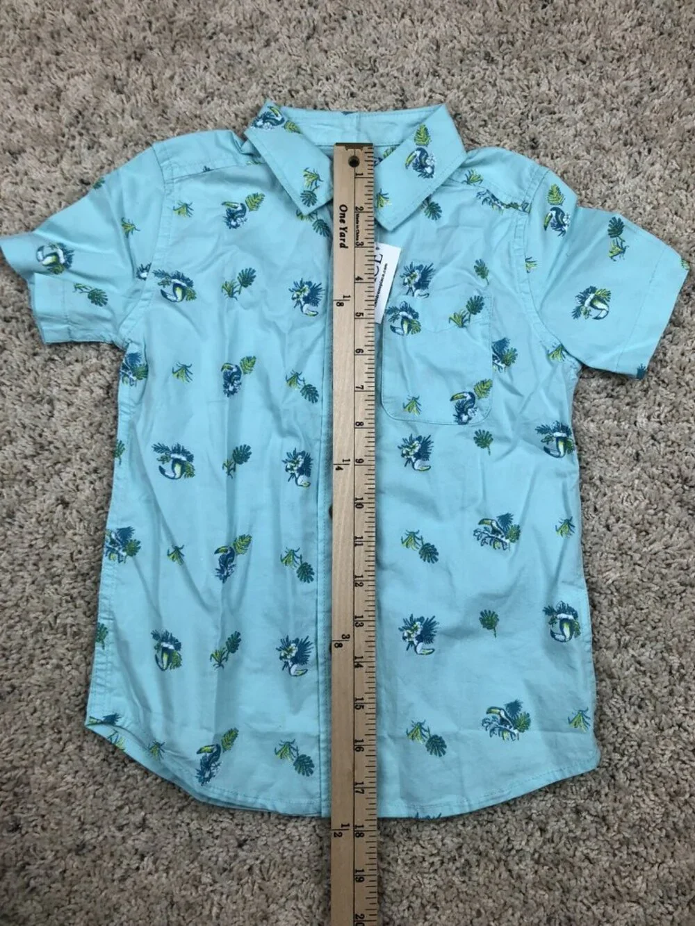The Children’s Place Boys Size 4T (fits 4/5) Blue Aqua Button Up Shirt Parrots
